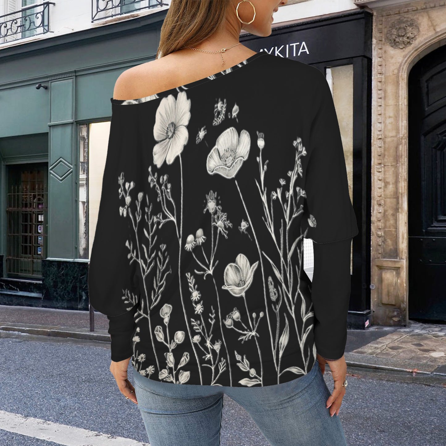 Blouse - Black and White Flowers