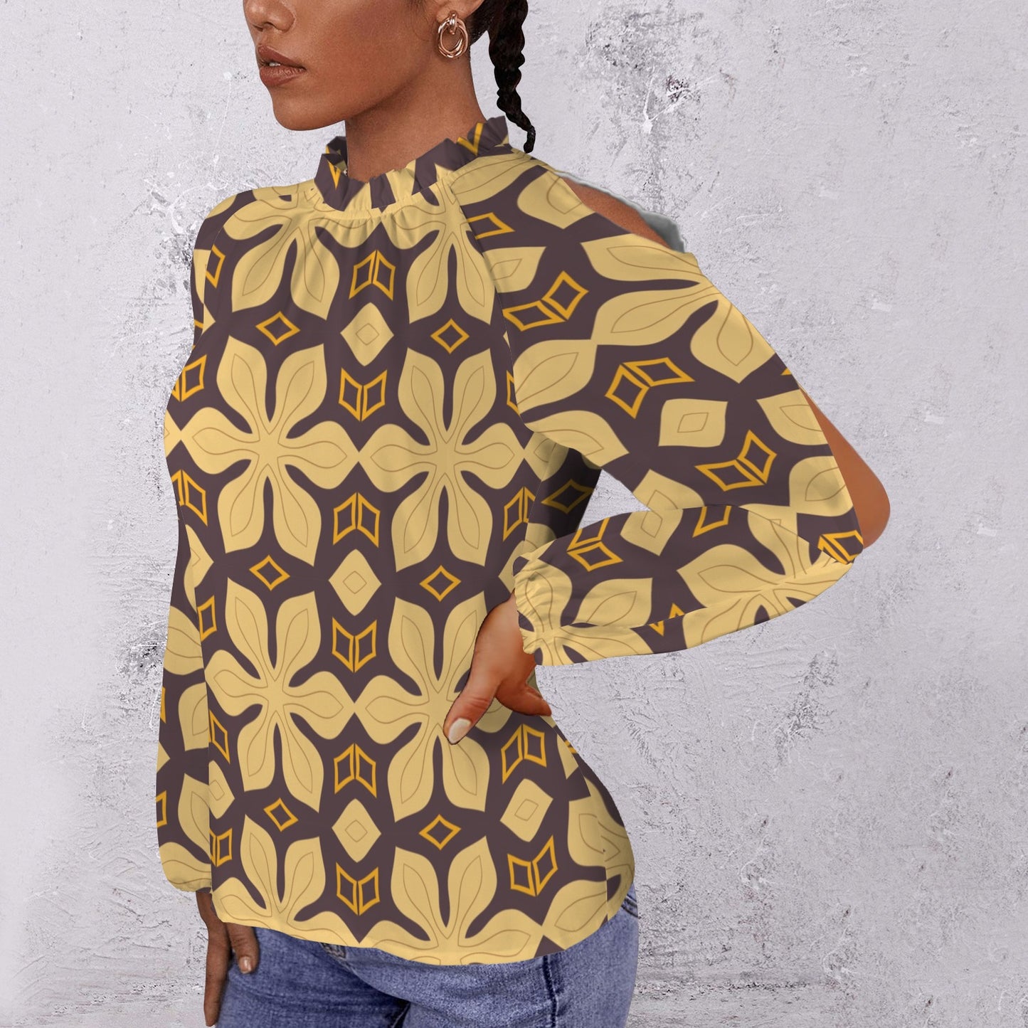 Retro-print Peek-a-boo sleeve blouse